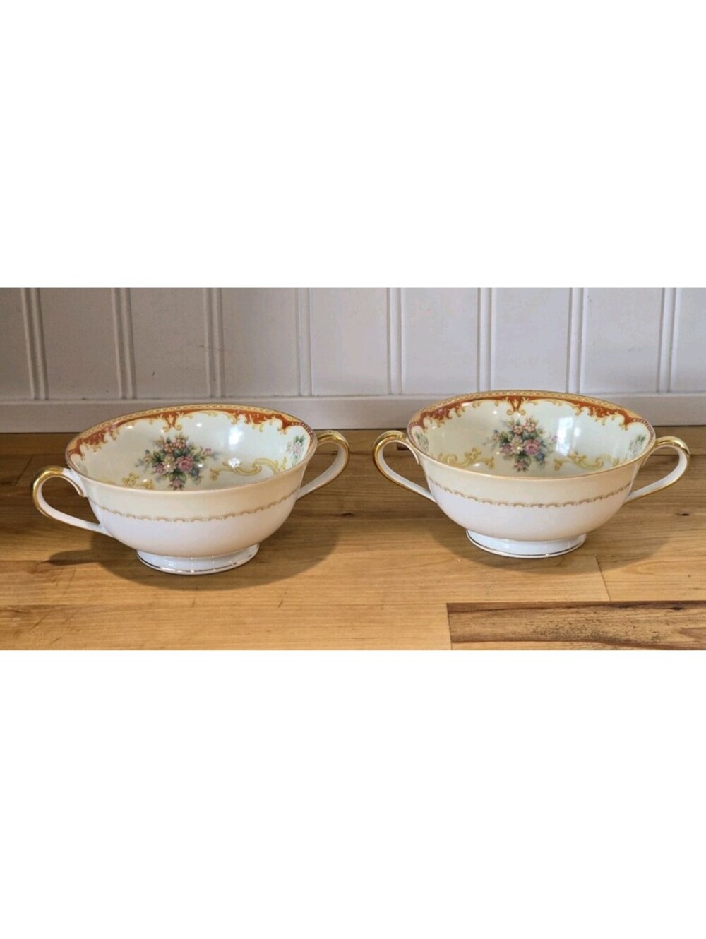 2 Vtg Noritake Fiesta 2 handle Cream Soup Red Rim Cup Bowl Japan